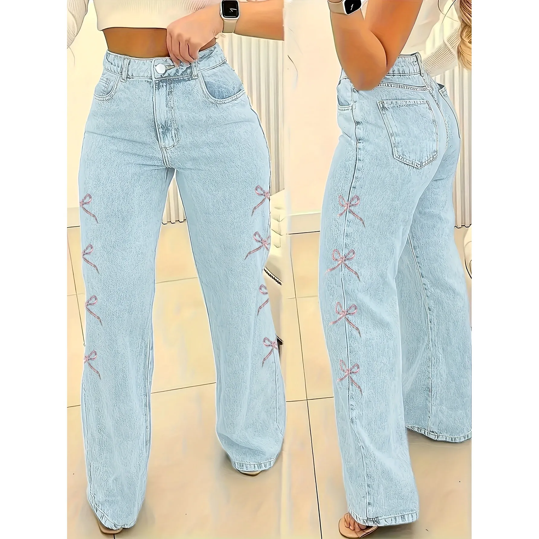 

Повседневные женские джинсы, свободные широкие брюки с низкой талией из искусственной ткани, модная зимняя коллекция, модная женская джинсовая ткань