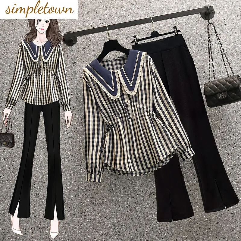 

Checkered Panel Waist Folded Chiffon Shirt Casual Wide Leg Pants Two-piece Elegant Women's Pants Set Office Outerwear Outfits