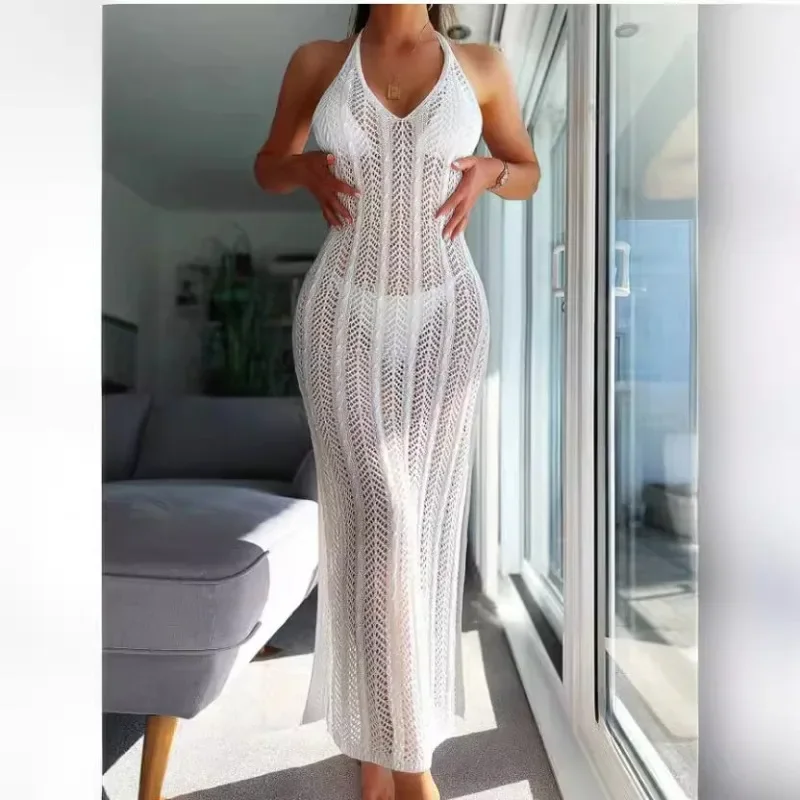 Hollow Out Crochet Knitted Summer Holiday Beach Maxi Dress Women Sexy V-neck Lace Up Halter Backless Swimwear Swimsuit Long Robe