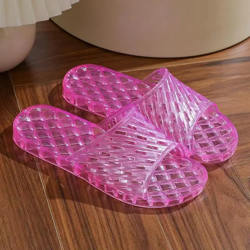 

2024 Summer New Woman's One Word Hollow Flat Sole Crystal Slipper Soft Sole Non Slip Home Slipper Bathroom Slipper