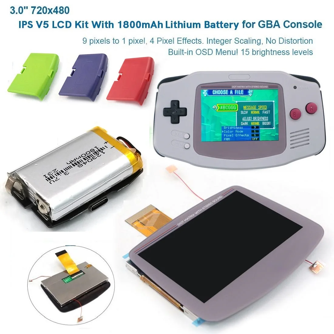 

V5 720x480 Retro Pixel IPS LCD With 1800mAh Built-in Lithium Battery For GBA Backlight LCD Pre Laminated For Gameboy Advance