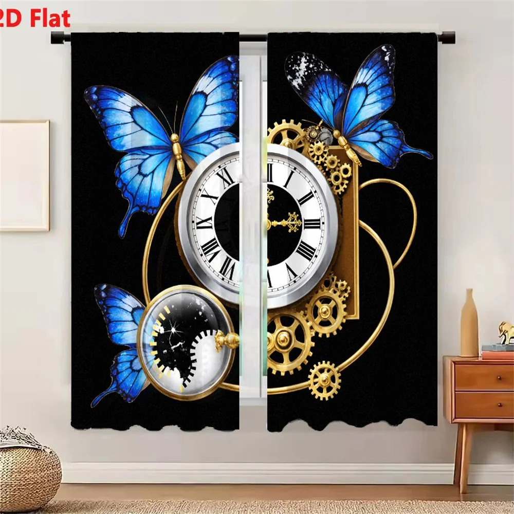 2Pcs Curtains 2D Flat Artistic Steampunk Clock With Butterflies And Mechanical Gears Surreal Whimsical Design Window Drapes for