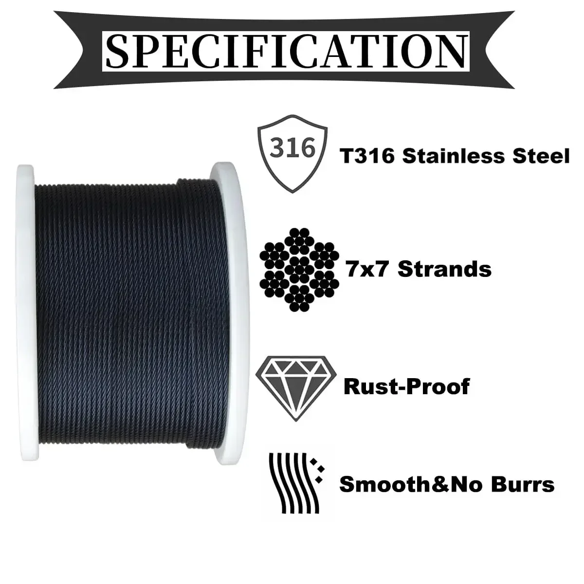 500Ft 1/8 Inch Black Wire Rope Railing System T316 Stainless Steel Aircraft Cable for Deck Cable Railing Hardware Kit