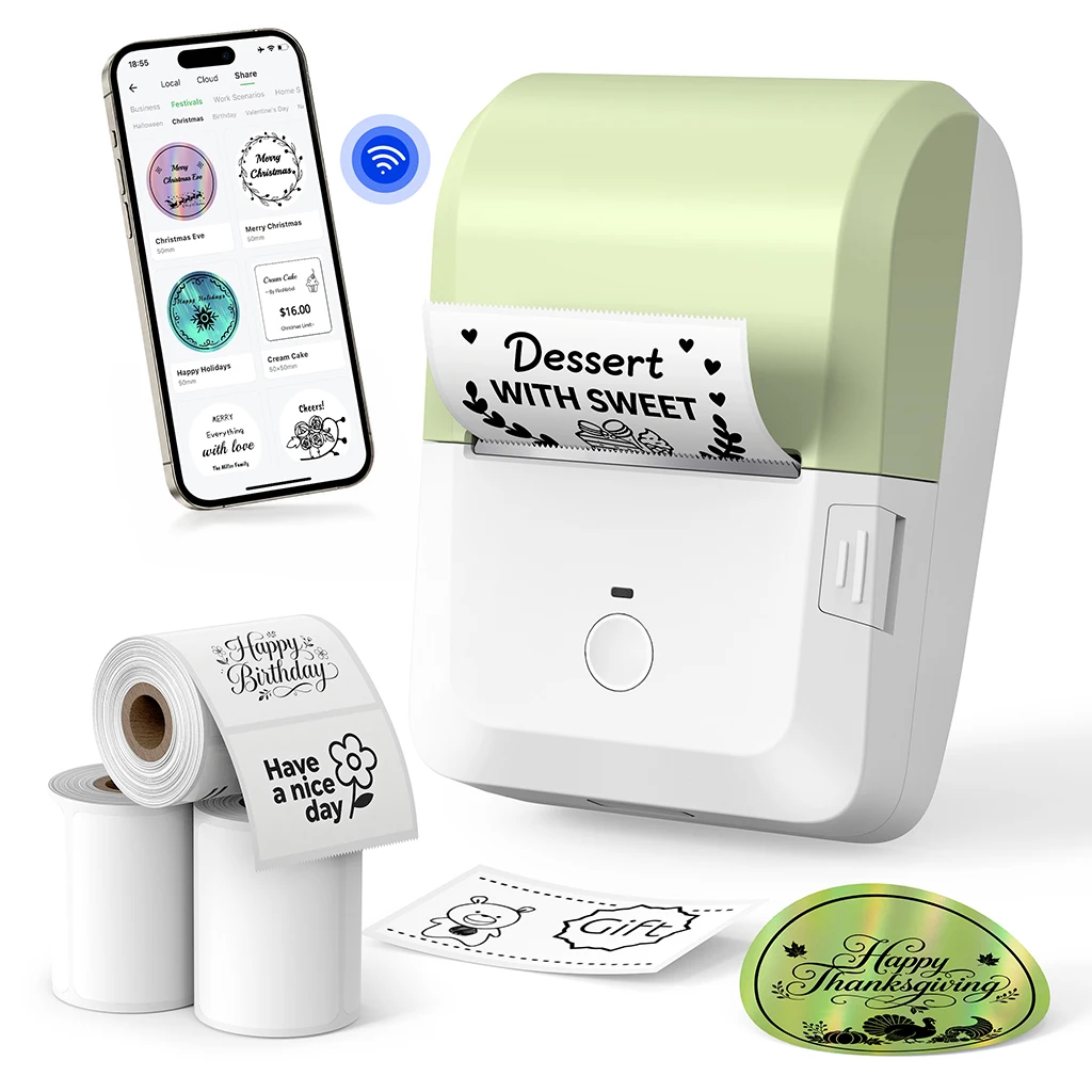 

Mini Sticker Printer - Thermal Printer Portable Label Maker Bluetooth Photo Printer Print Pods Sticker Maker for Kids,inckuding 3 rolls of NFC thermal paper