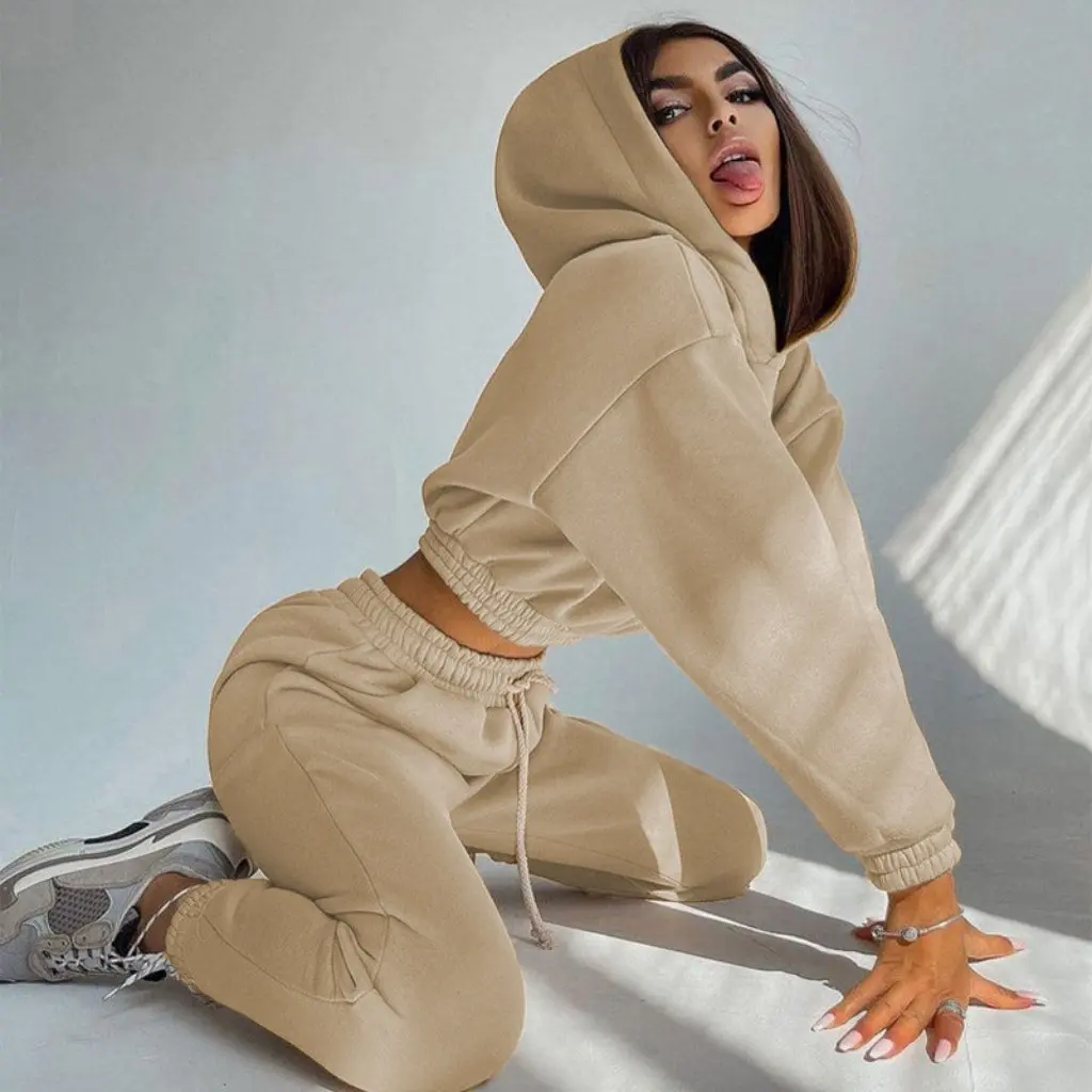 

Женский повседневный короткий свитер с капюшоном на талии, однотонный спортивный костюм на шнурке, новая мода