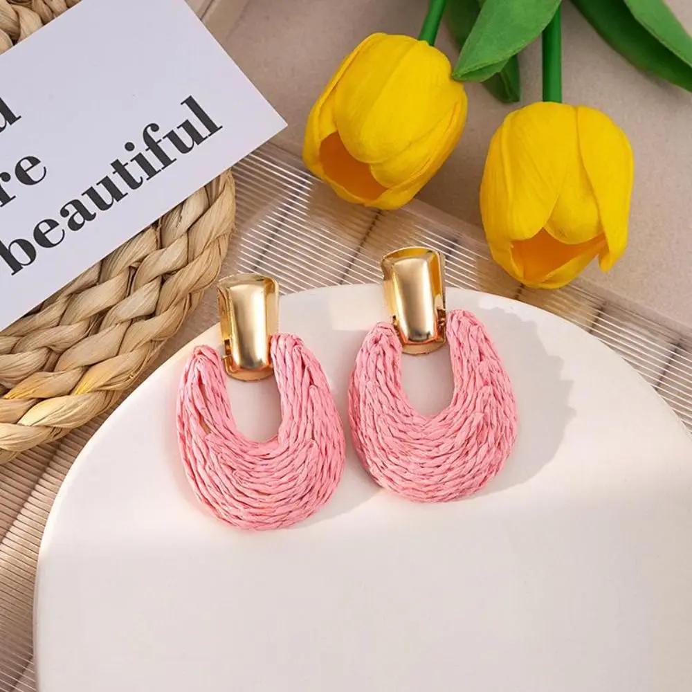 Scalloped Earrings Woven Raffia Earrings Colorful Exaggerate Ethnic Style Earring Retro Alloy Hoop Beach Tassel Earring Women