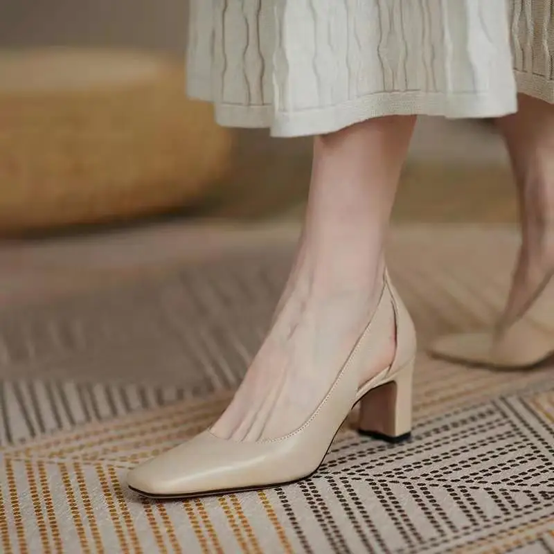 Spring Summer Women Pumps Solid Thick High Heels Female Shoes Hollow Square Head Retro Slip on Heels Women Dress Tacones Mujer