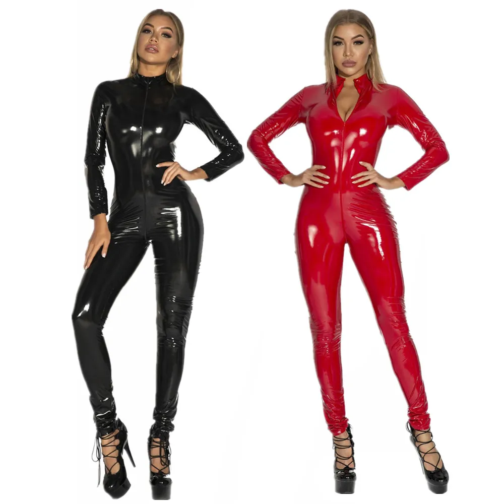 

Sexy Hot Women Faux Leather Jumpsuit Long Sleeve Zipper Open Crotch Wetlook Latex Catsuit Female Teddy Lingerie Skinny Bodysuit