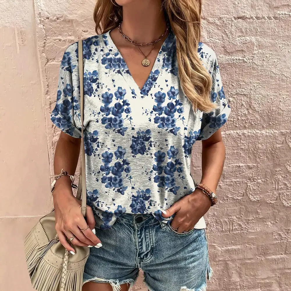 

Fashion Women's T-shirts Street Daily Floral Print V-neck Tees Summer Loose Short Sleeves T shirt Casual Female Clothing Tops