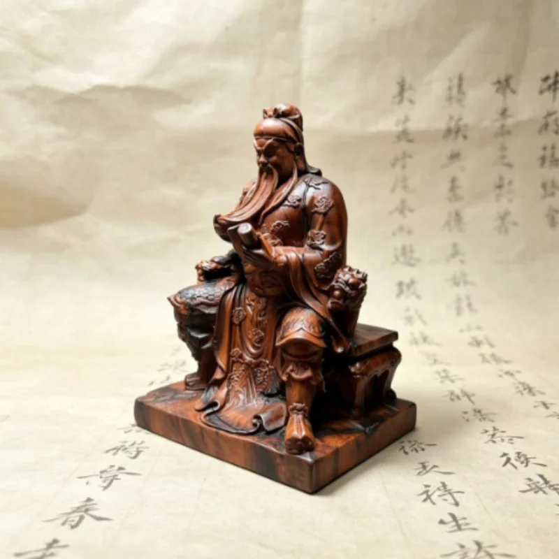 Retro Jujube Wood Carved Mini Guan Gong Statue - Auspicious Wealth Attracting & Evil Warding Craft, Protection Feng Shui Display
