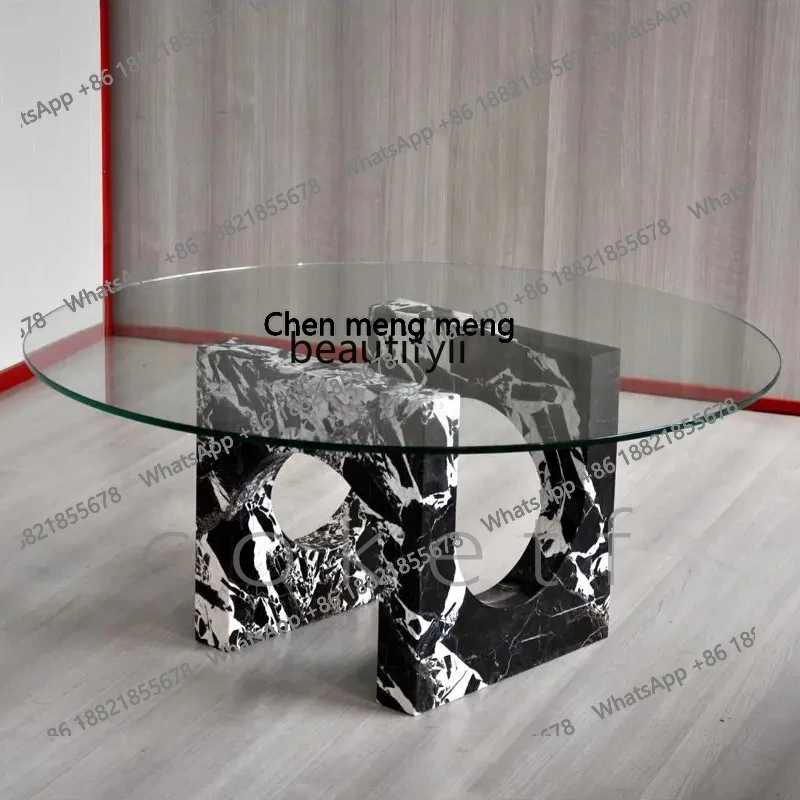 

Modern designer round natural, black marble luxury stone coffee table glass coffee table H H
