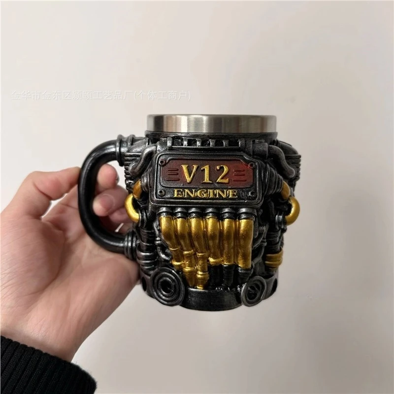 15oz Retro Engine Mug Engine Coffee Mug, Resin Stainless Steel lining Cup,Perfect for Car Enthusiasts, Retro Car Lovers Mechanic