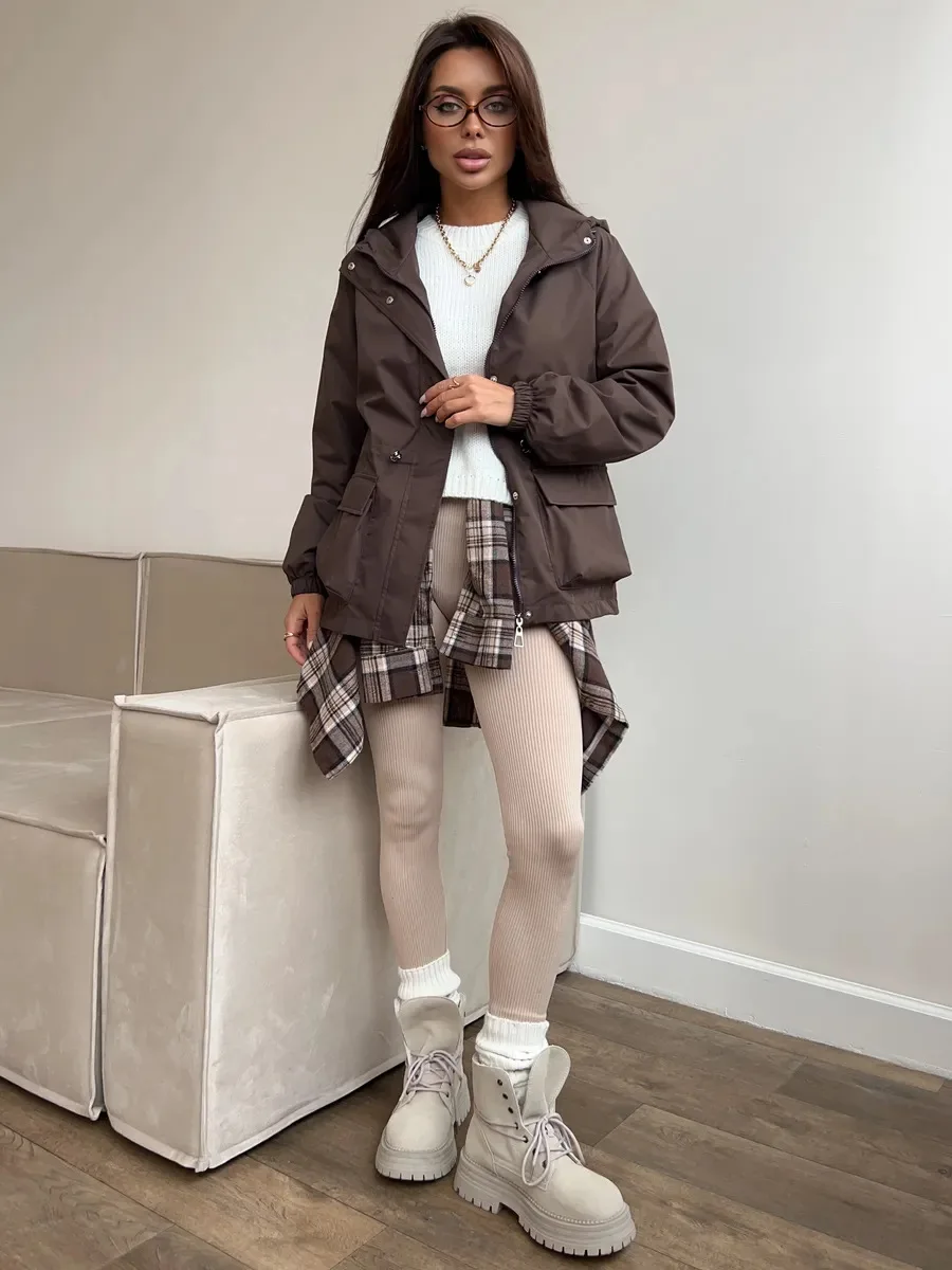 

Casual Fashion Women's Long-Sleeve Hooded Drawstring Waterproof Jacket Loose-Fit Outdoor Hiking Clothing for Women