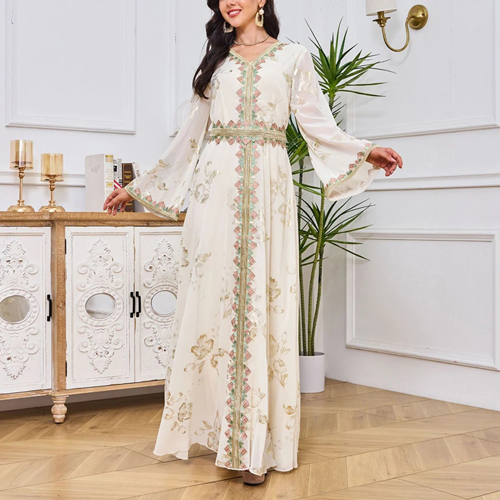 Long Sleeve Embroidered Muslim Clothing Moroccan Dress Women Muslim Kaftan Belted Abaya Ramadan Jalabiya Eid Wedding Party Dress