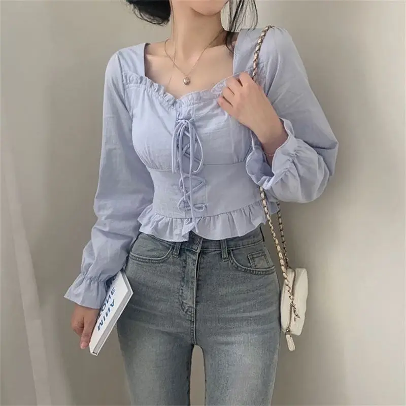 Korean Spring Autumn New Style Reduced Age Retro Unique Design Sense Simple Square Collar Waist Strap Up Small Shirt Women