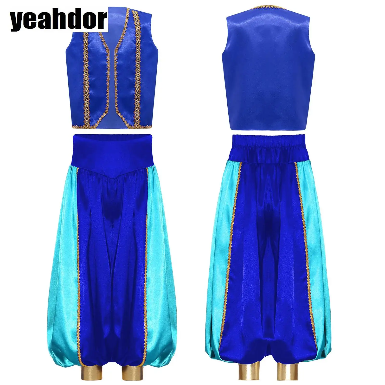

Boys Arabian Prince Cosplay Costume Sleeveless Gold Trim Vest Waistcoat And Harem Pants Halloween Medieval Steampunk Gothic Set