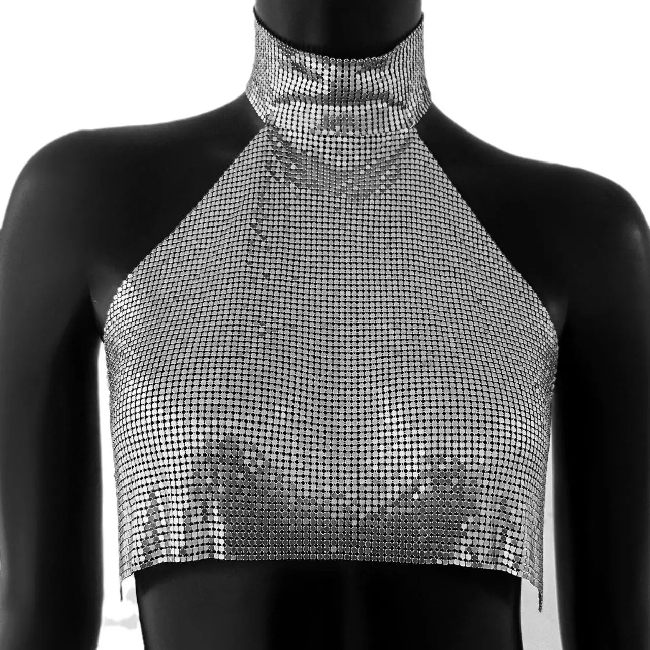 

Sexy Spicy Metal Sequin High Collar Sweet And Spicy Sle Streetwear Top Women's Vest Strapl Ultra ort Pure Color Design