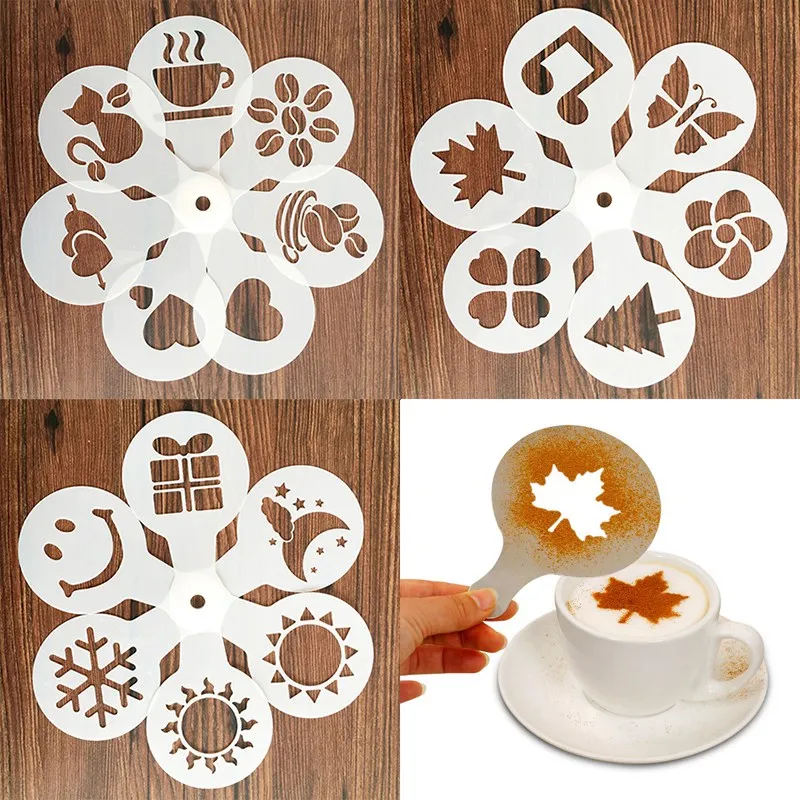 19 Pcs/set Fancy Coffee Printing Model Foam Spray Cake Stencils Coffee Drawing Cappuccino Mold Powdered Sugar Sieve Tools