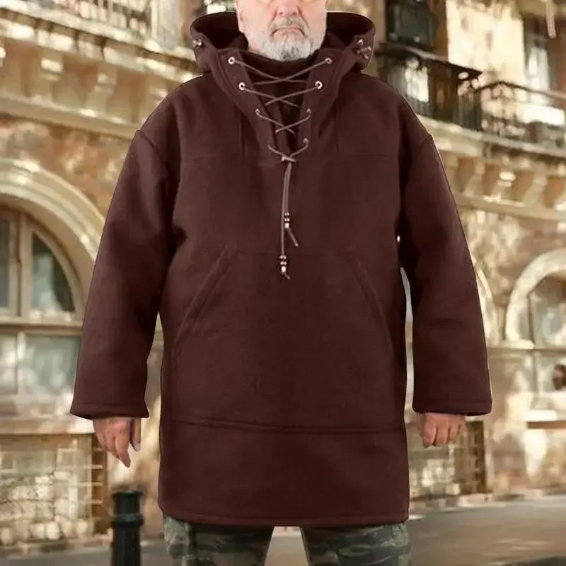 

Men's Autumn and Winter Long Casual Woolen Hoodie with Hoodie Strap Casual Hoodie Coat
