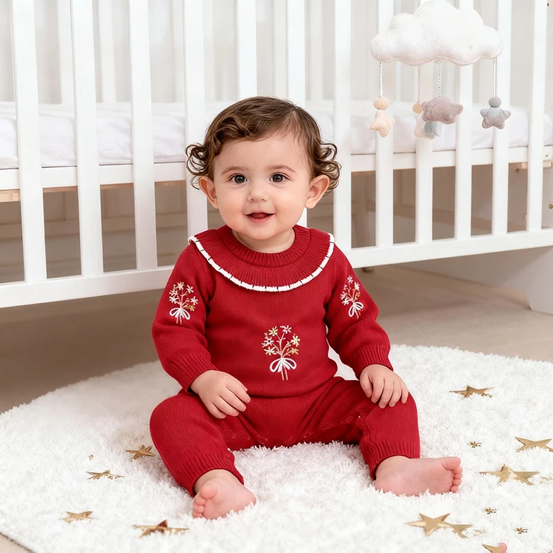 

Рождественский цельный комбинезон для маленьких девочек, осенний вязаный комбинезон с круглым вырезом для новорожденных девочек, комбинезон со свежими цветами, осенний свитер
