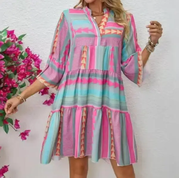 

Fashion Floral Print VNeck Midi Dress with 3/4 Sleeves for Women