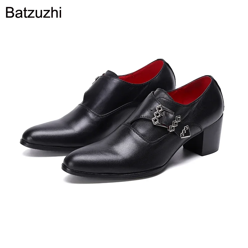 

Batzuzhi 7cm High Heels Men Shoes Pointed Toe Black Genuine Leather Dress Shoes Men Buckle Strap Business Leather Shoes Male!