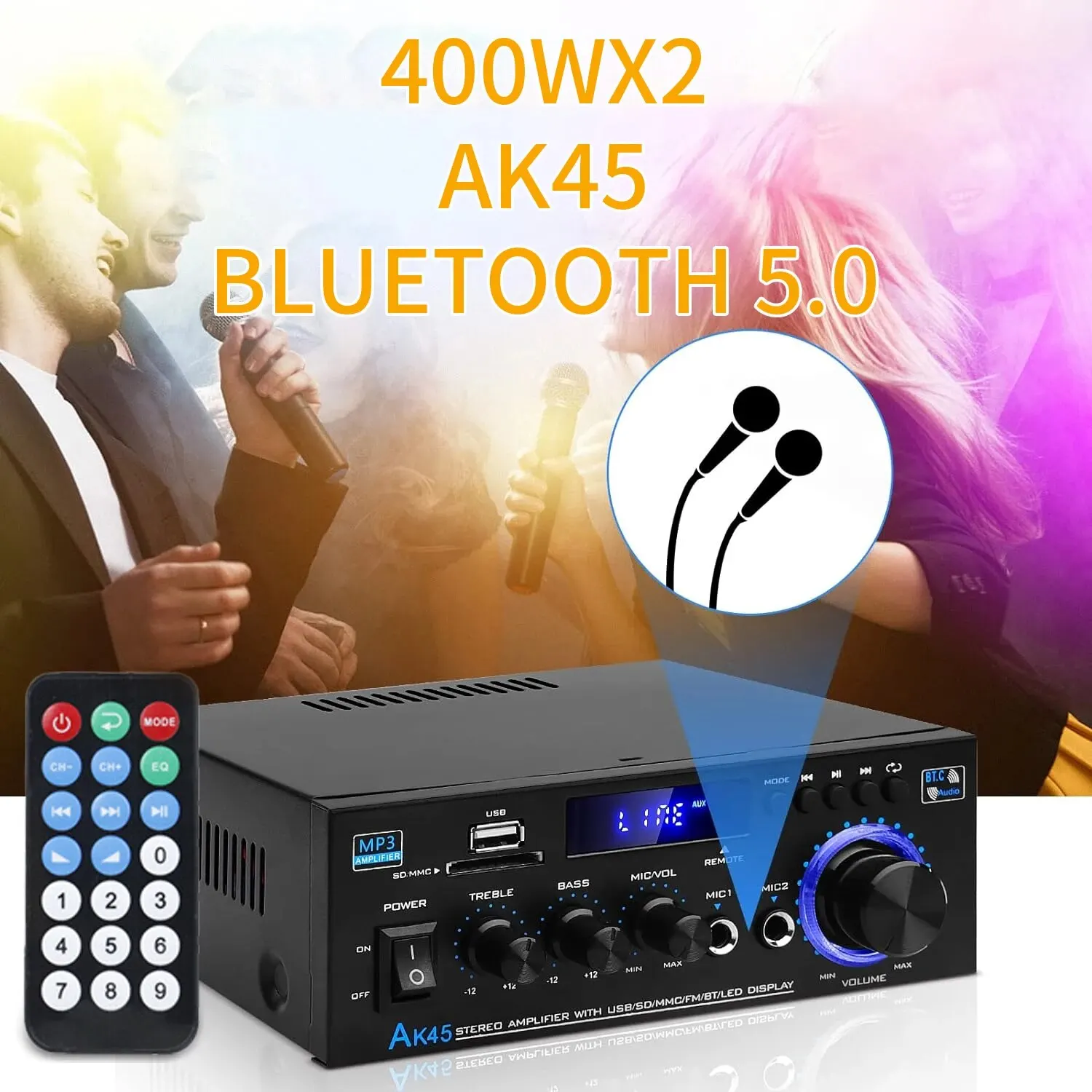 AK45 Bluetooth 5.0 Power Amplifier 2.0CH 40W X 2 Output Max 400W Subwoofer Hi-Fi Audio Amplifier Stereo Amplifier Receiver