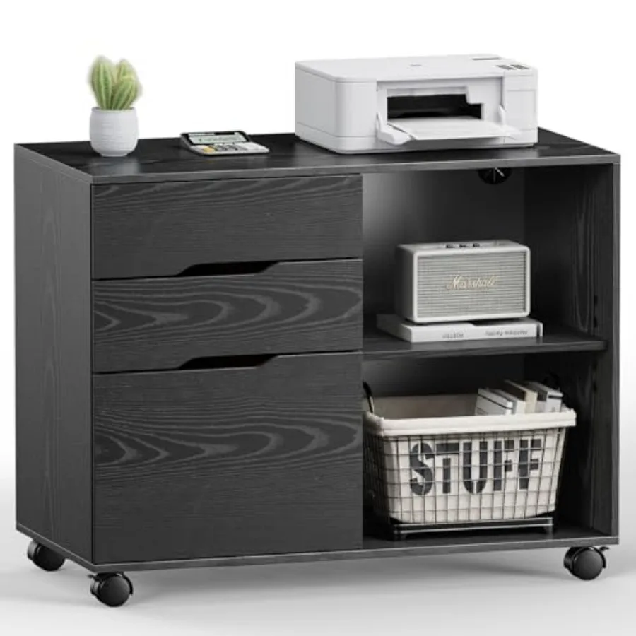 

Lateral File Cabinet with 3 Drawers Rolling Filing Cabinets Under Desk Storage Printer Stand Wood Organizer with Wheels Adjusta