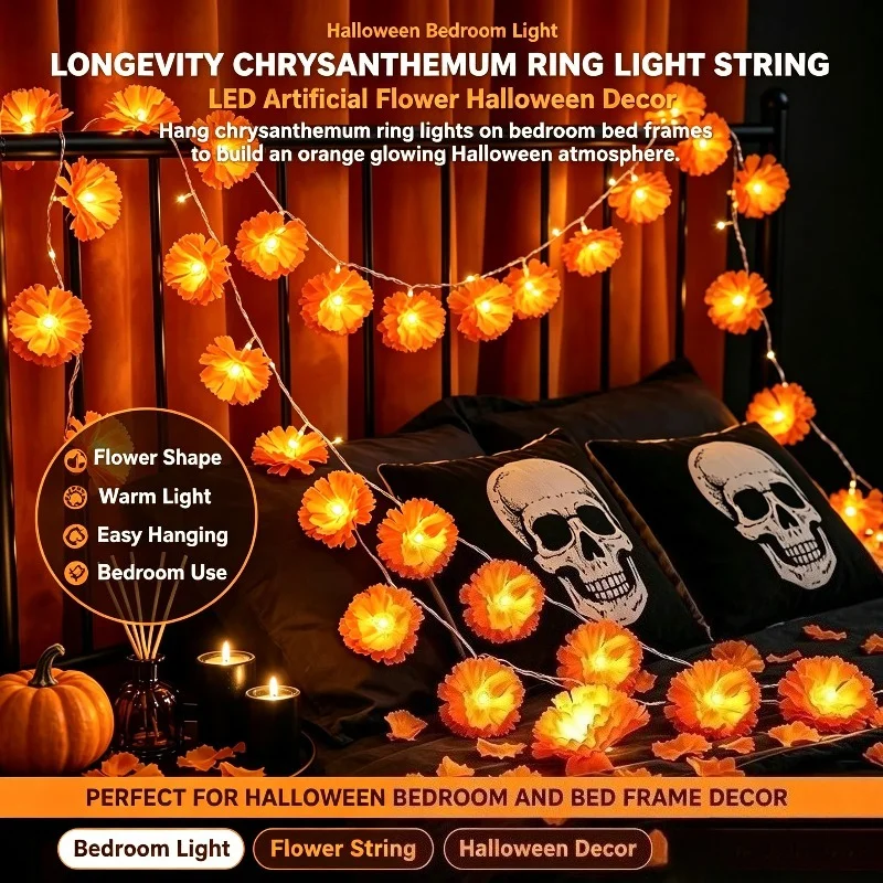Halloween Chrysanthemum Flower Ring Light String LED Indoor Horror Atmosphere Lighting for Bed Frame Window Hanging Decor