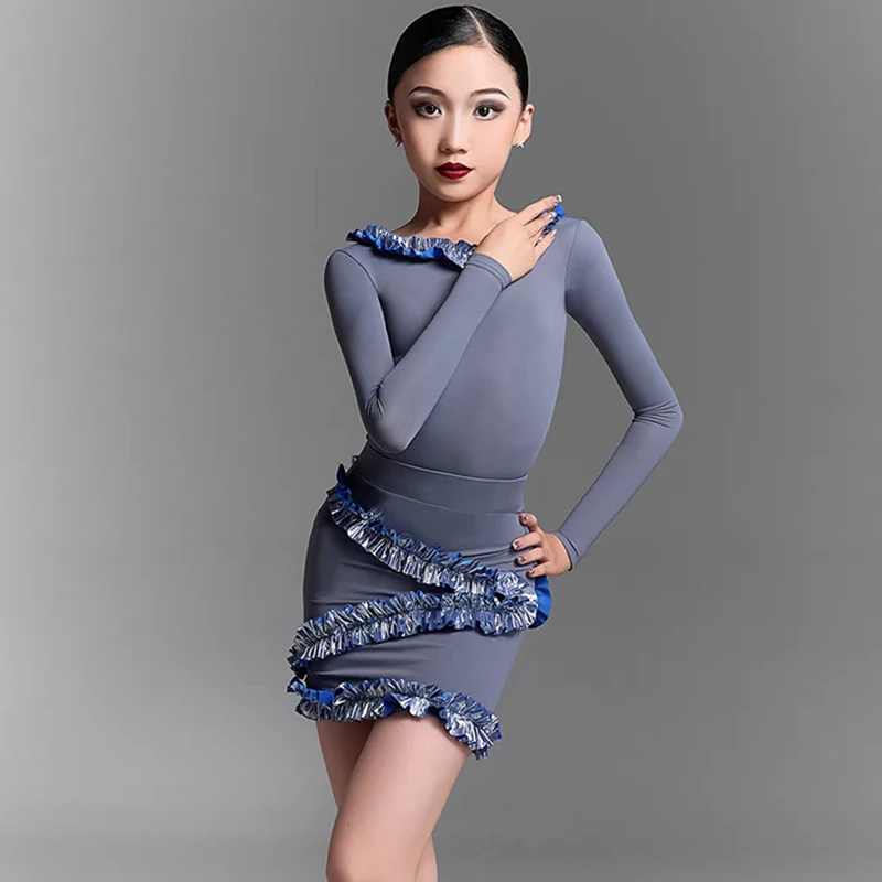 

Детская одежда для латинских танцев 2024, серый костюм с длинными рукавами и оборками, тренировочное платье для девочек, танцевальный халат ChaCha Rumba, тренировочные комплекты BL18010