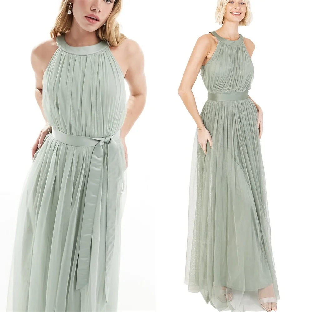 

Customized Temperament Green Tulle Celebrity Gowns Elegant Halter Sleeveless Evening Dress Formal Special Occasion Gowns