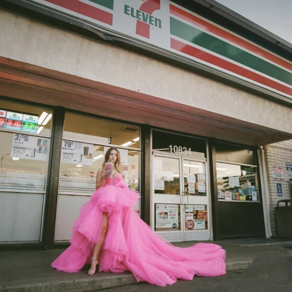Sweetheart Pink Prom Dresses Strapless Tulle High-low Evening Dress فستان حفلات الزفاف Long Tail Formal Occasions Party Dress