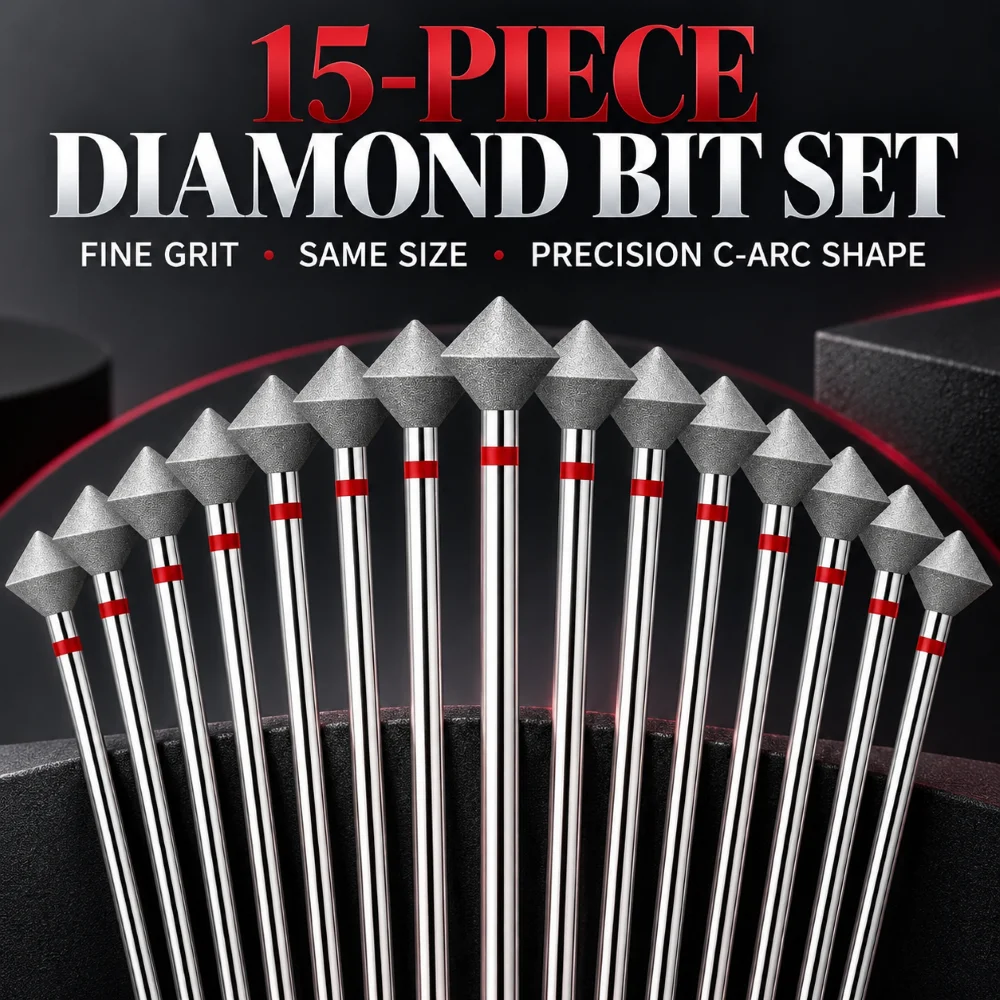 15Pcs Diamond Nail Drill Bits 2.35mm Universal Shank Fine Grit C Arc Diamond Shape For Cuticle Prep Sidewall Refining Home Use