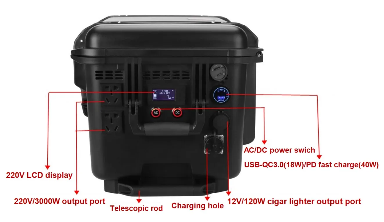 Pure Sine Wave Black 110v 220v 230v 3000w 10878wh Portable Power Bank with AC Output