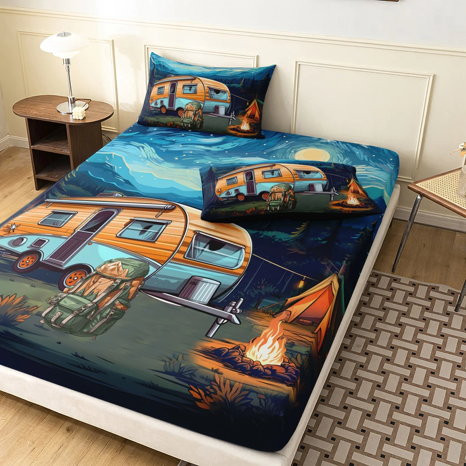 3Pcs RV Camper Camping Adventure Print Fitted Sheet Set, Night Mountain Forest Caravan Campfire Tent Print Bedding