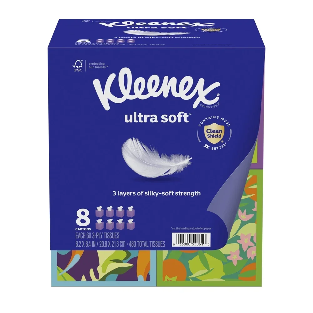 Fazzoletti per il viso ultra morbidi Scatole a 3 strati da 8 cubi Tecnologia di scudo pulito ipoallergenico da 60 pezzi Delicata sulla pelle Ideale per tutte le stagioni