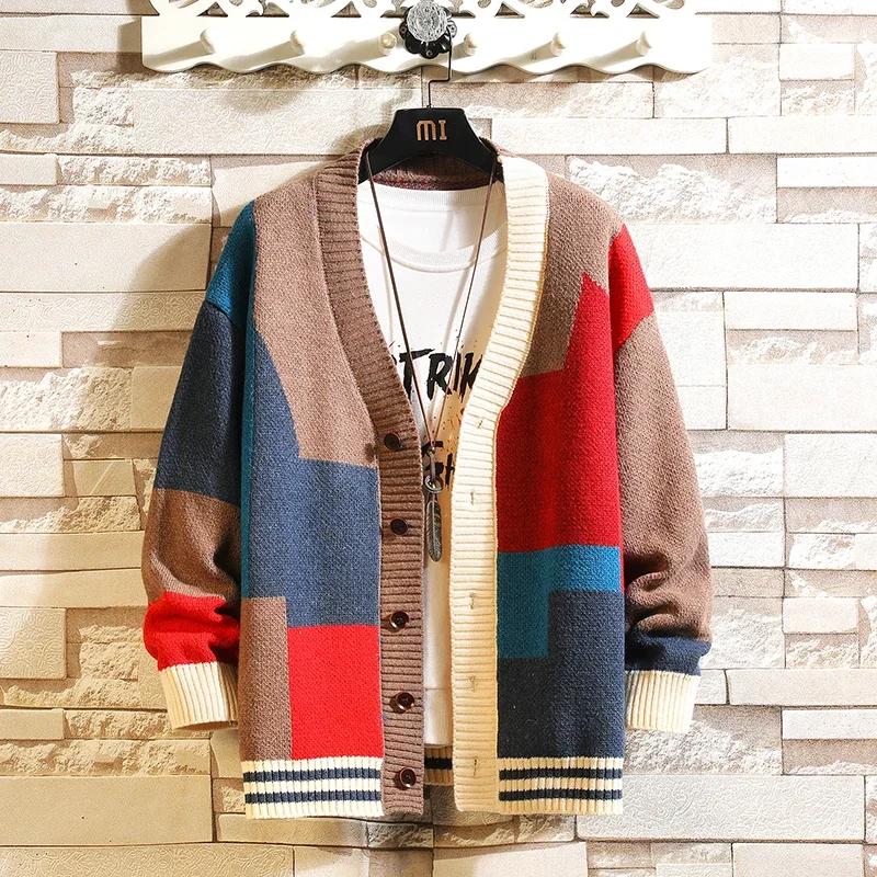 

Vintage Knit Cardigan Jacket Stitching Colors Men Women Casual Sweater Cardigan Loose Wool Knitwear High Quality Knitted