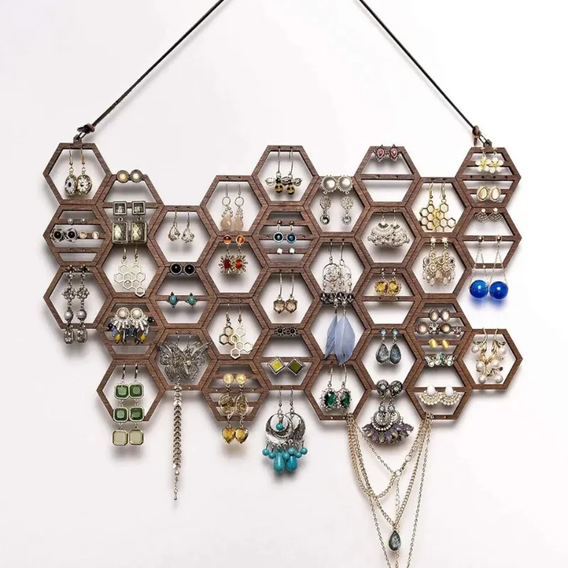 

Honeycomb earring organizer, wall mounted earring display rack, wooden hanging jewelry organizer for studs, necklaces