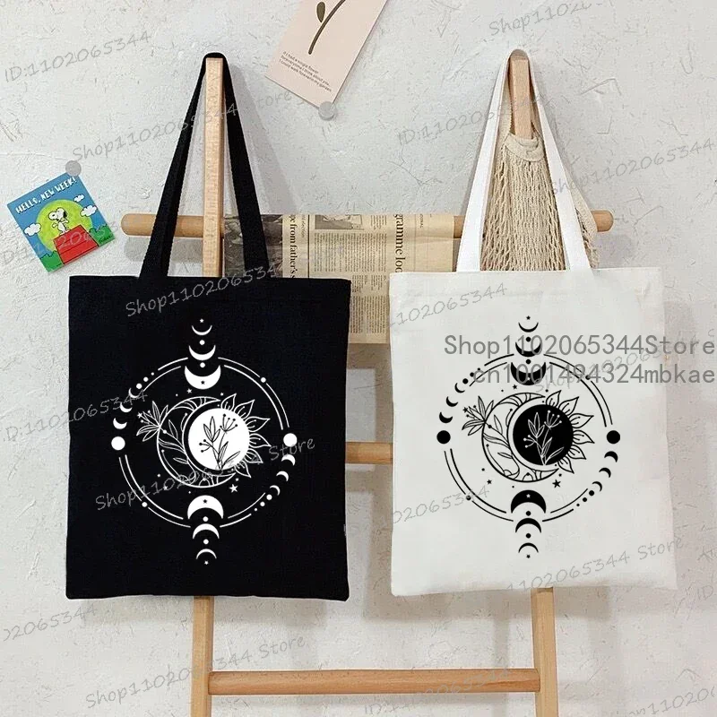 Vintage Moon and Sun Print Women Shoulder Bag Funny Fashion Sun Moon Flower Butterfly Pattern Shopping Bag Ladies Canvas Handbag