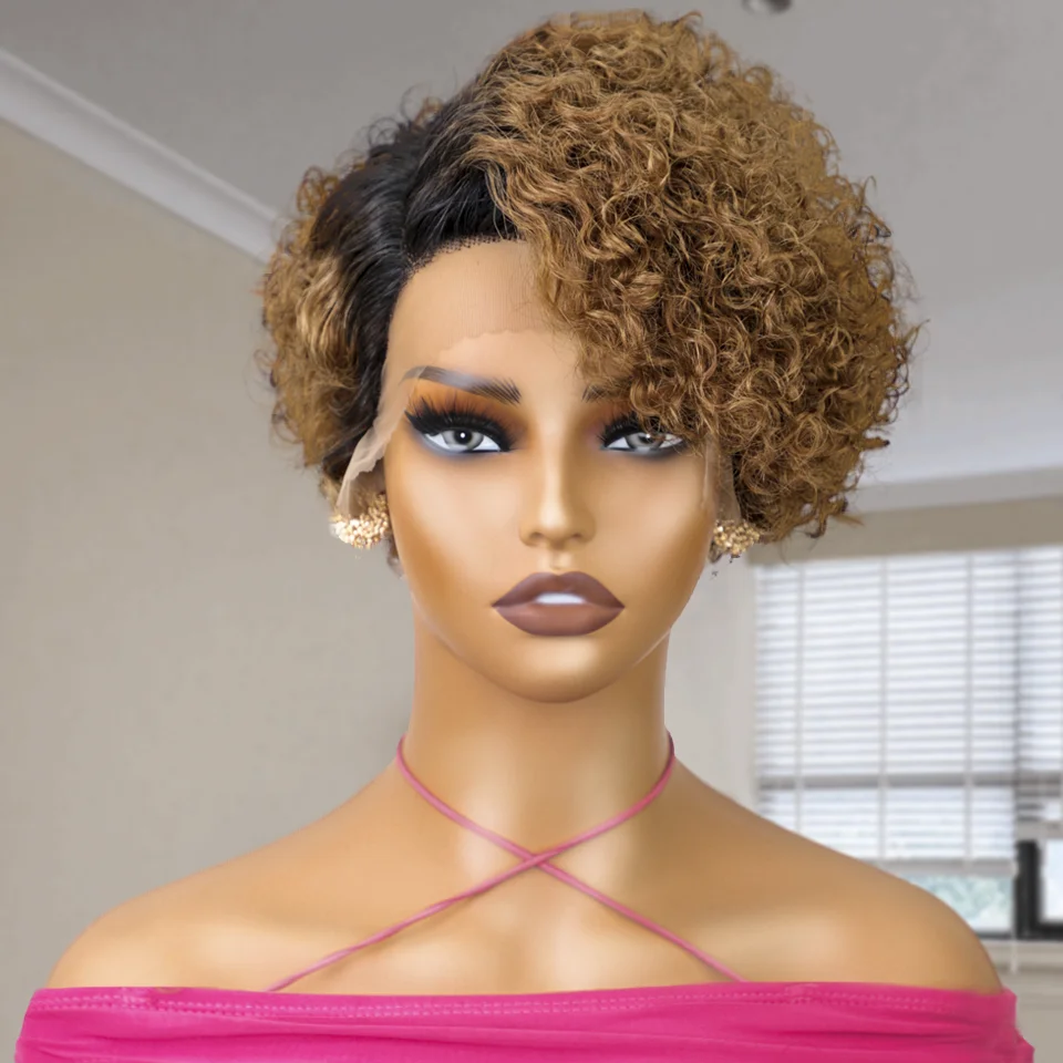 Brown Pixie Cut Wig Short Curly Human Hair Wig Short Human Hair Wig Right Side Easy Part Lace Wig For Women Highlight Human Hair