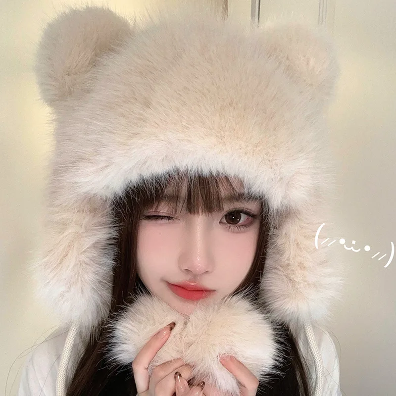 Women Winter Warm Imitation Fur Plush Bomber Hat Cute Thickened Ear Protection Hats Korean Little Bear Tail Fashion Beanies Caps