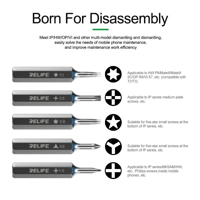 RELIFE RL-723 5 in 1 Screwdriver with 5 Bits Magnetic Replacement Bit for Repairing Mobile Phones and Electronic Devices