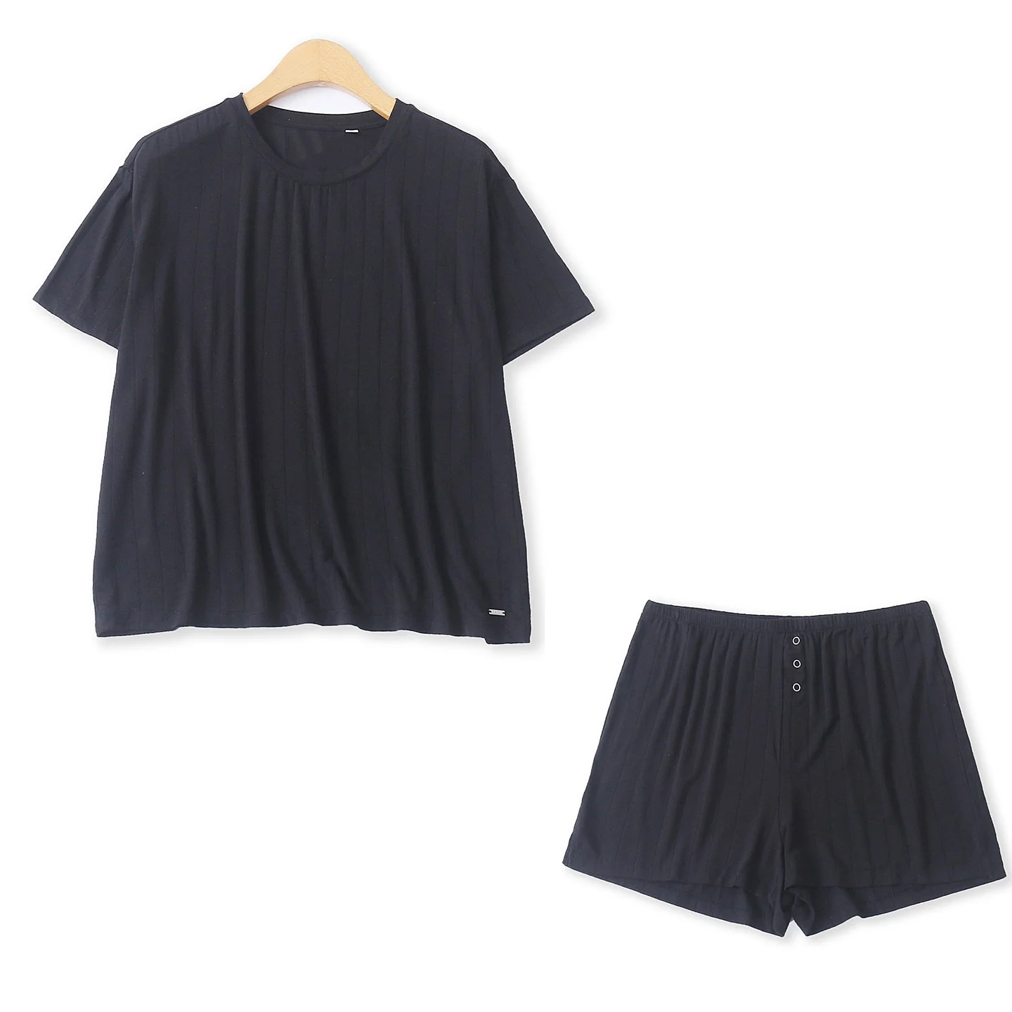 Summer New Loose Women's Set Texture Stripe Elastic Waist Short Sleeve T-shirt Shorts Fashionable Casual Outfit Two-Piece Set