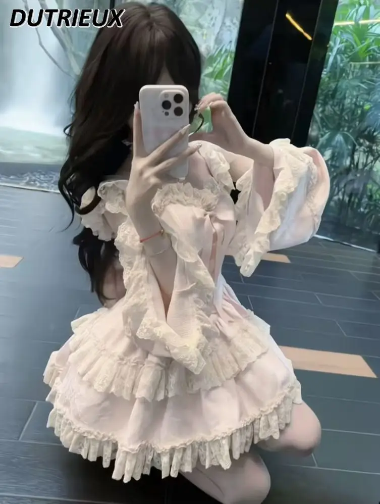 Autumn Gentle Wind Sweet Girlish Lolita Bow Ruffle Sleeve Dress Cute Lace Splicing High Waist Cake Puffy Short Dresses