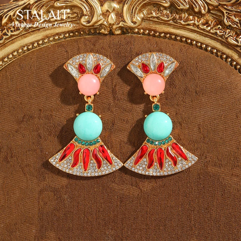 

Vintage Pink Drop Earrings Green Agate Fan Luxury Woman Rhinestones Accessories 2025 Trend Designer Jewelry