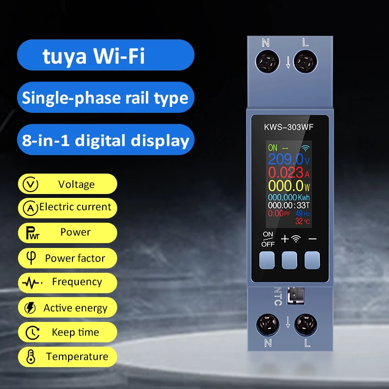 8 IN 1 Single-phase Din Rail AC Monitor AC100-290V/40A Power Energy Meter Voltage Current Power Factor Electric Frequency Meter