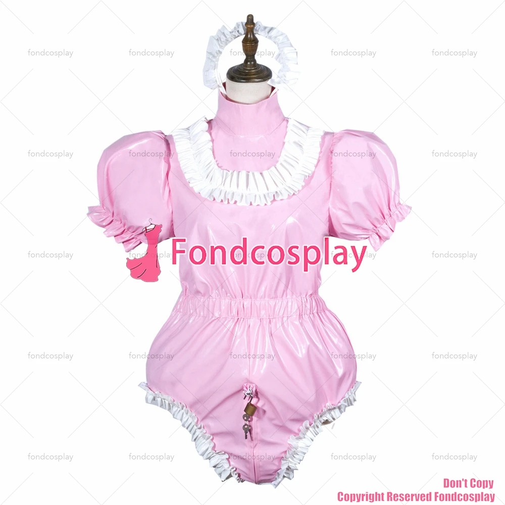 Sissy Maid Bodysuit Shiny PVC Lolita Puff Short Sleeve Cosplay Costume Vinyl Maid Dress Lockable Gothic Jumpsit Plus Size[G3779]