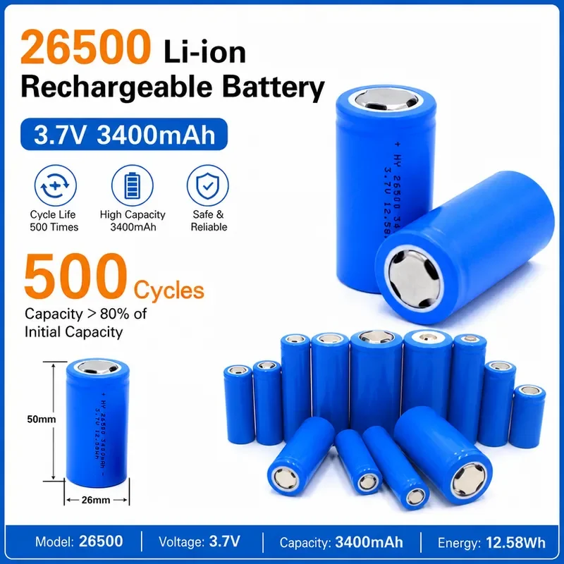 100PCS 26500 Rechargeable Lithium Battery 3.7V 3400mAh Cylindrical Li-ion Cell for Flashlights High Drain Devices Power Tools