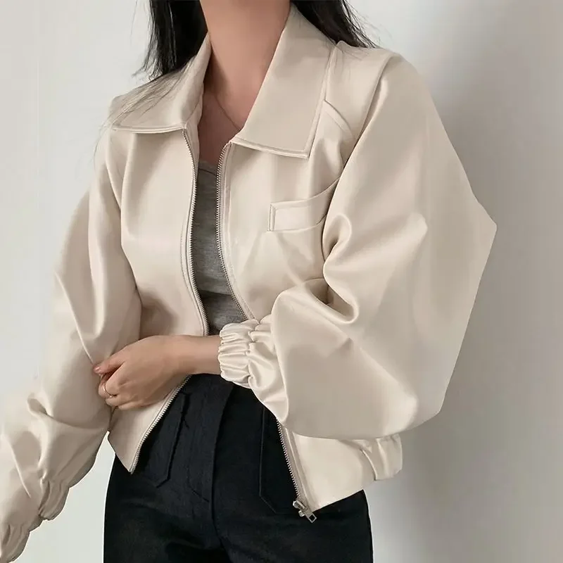 Zip-up Casual PU Leather Bomber Jacket for Women Elegant Offer Korean Reviews Clothes Baseball Aviator Coat Woman Great Lined