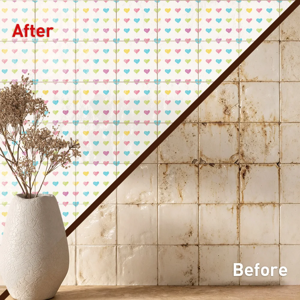 Rainbow Hearts Tile Stickers Waterproof Peel and Stick Self Adhesive Oil Proof Backsplash Decals Floral Wallpaper for Fun Decor
